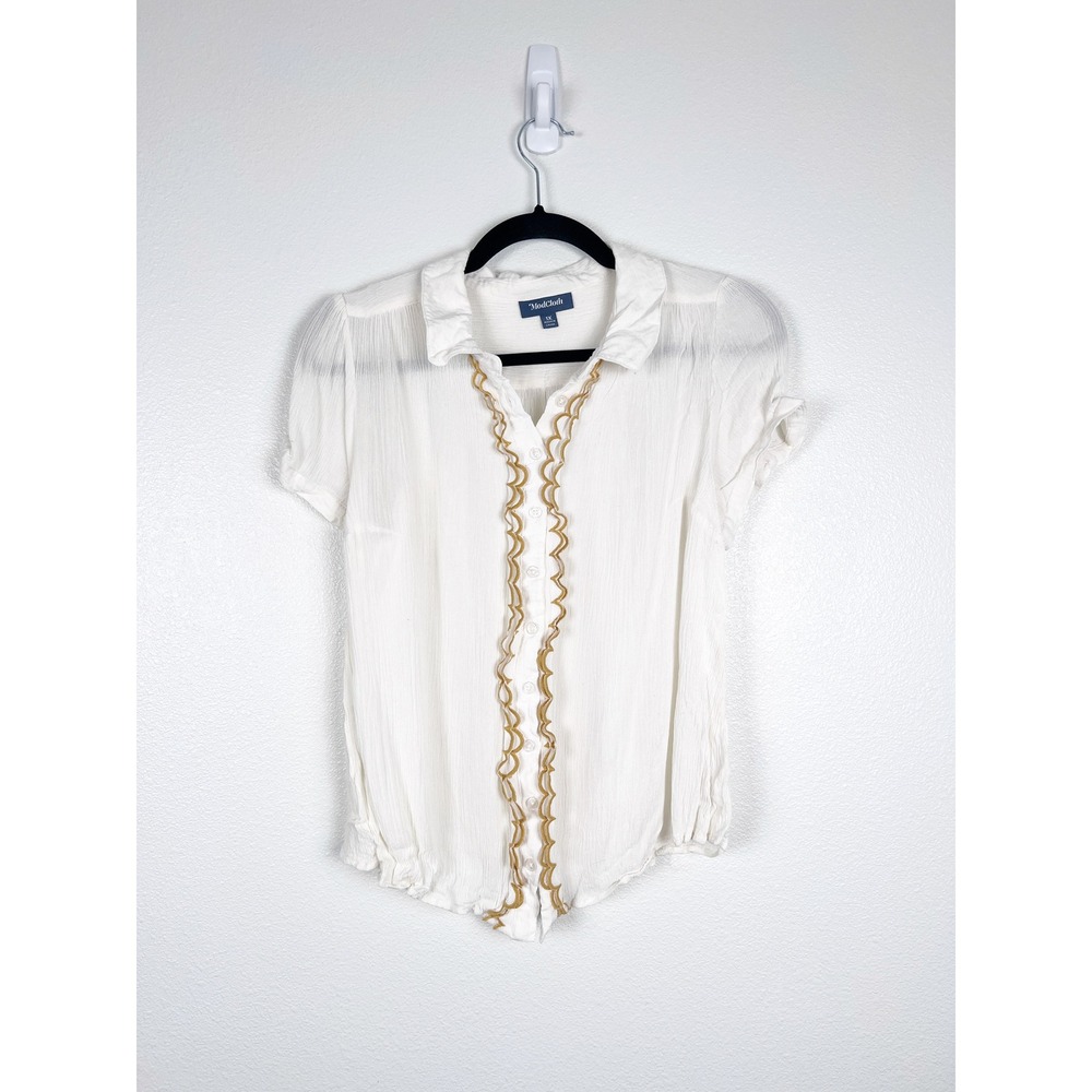 ModCloth Cream Short-Sleeve Blouse with Gold Trim